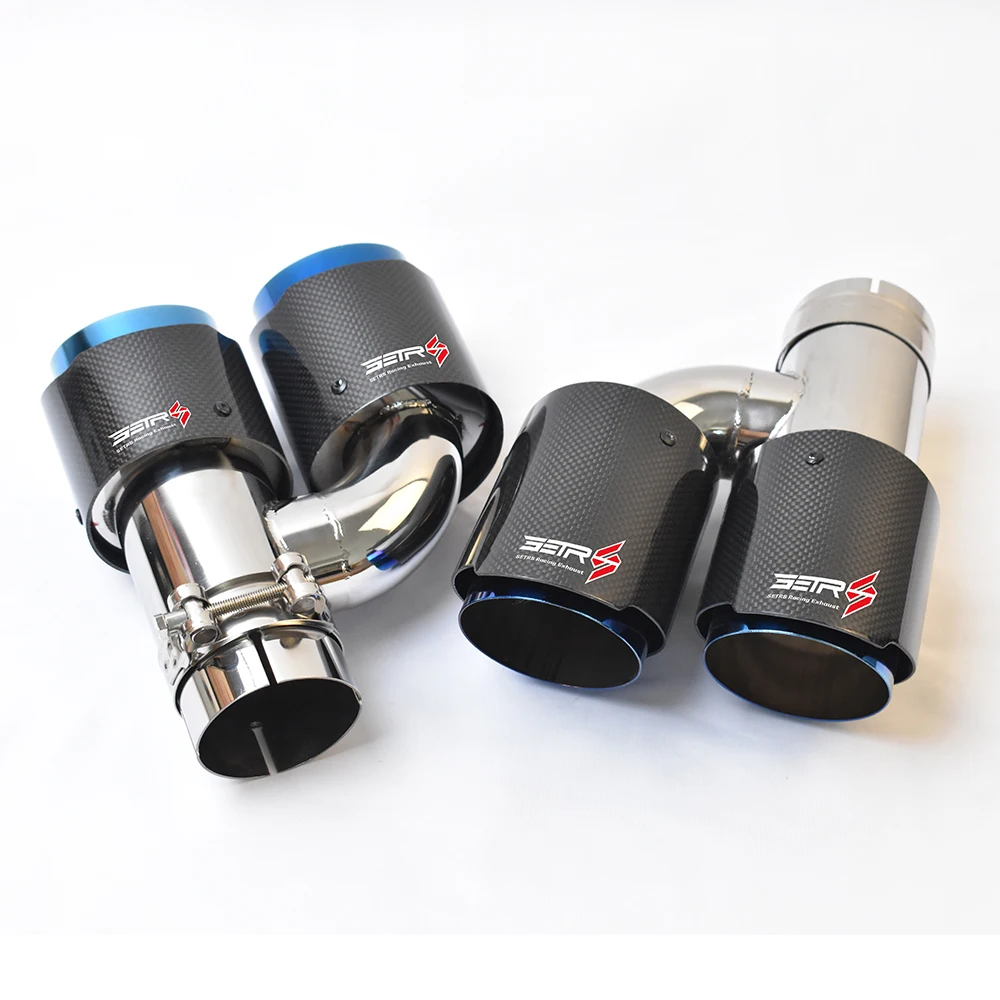 2Pcs Left And Right Car Dual Exhaust Brunt Blue End Pipe Glossy Carbon Fiber Muffler Tip Throut