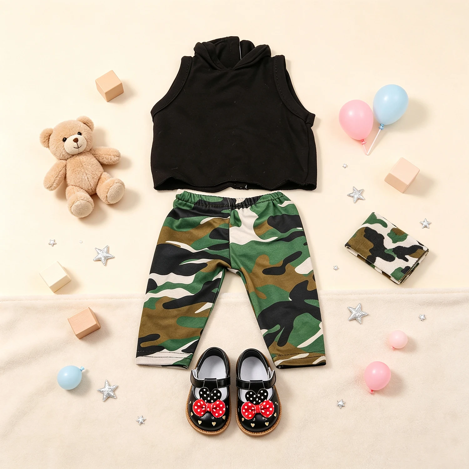 Black Top Camo Pants Doll Clothes Set Polka Cute Bow Mary Jane Shoes Fashion Accessories for 18" American & OG Girl Dolls Toy