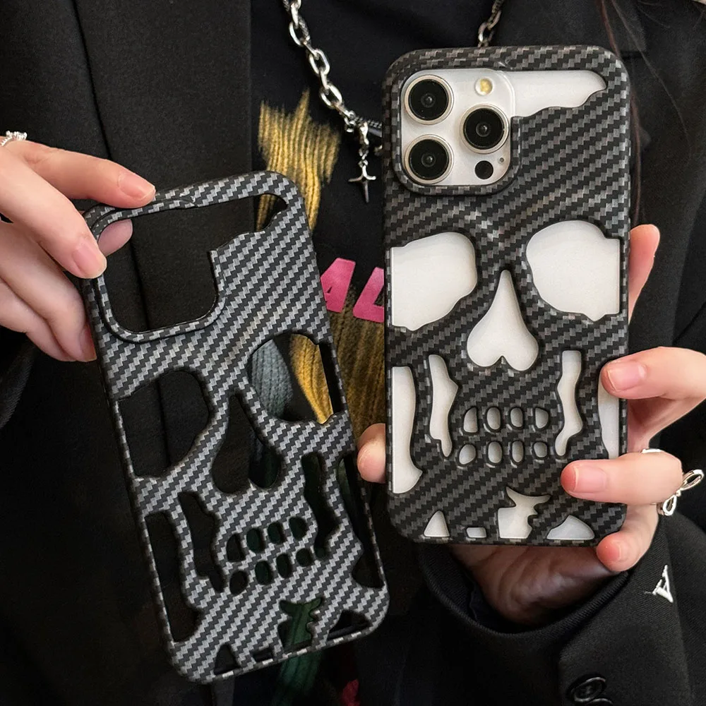 3D Skull Ghostface Phone Case for iPhone 14 15 Pro Max 11 12 13 Pro Max Forged Carbon Fiber Hollow Heat Dissipation Slim Cover