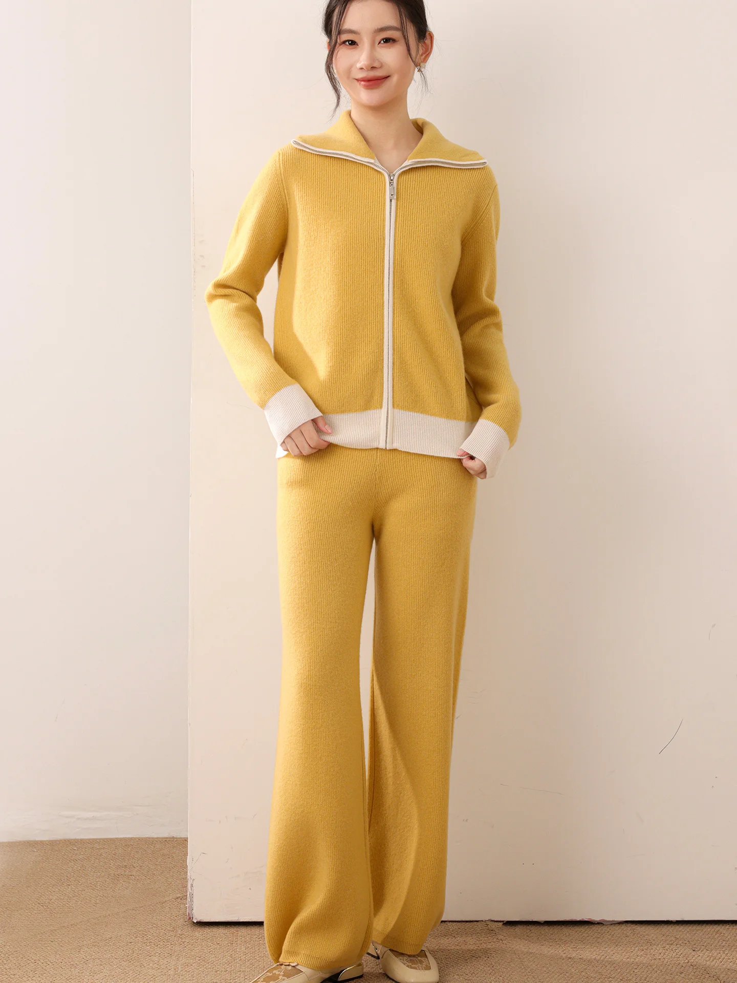 

Women's 100% Merino Wool Pant Suits Casual Autumn Winter Lady Tops Bottom Long Sleeve Turtleneck Knitted Cardigan Length Trouser