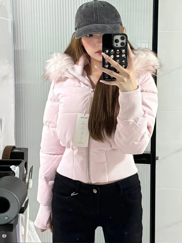 Parka damska z kapturem i kołnierzem z imitacji futra Y2K, zimowa, gruba, dopasowana, krótka kurtka puchowa, modna odzież uliczna, długi rękaw, zapinana na zamek, nowa