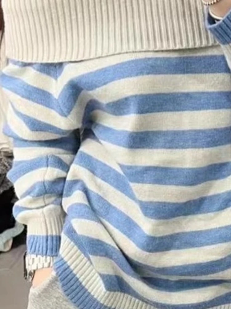 Harajuku Slash Neck Stripe Sweaters Autumn Grunge Vintage Women Loose Pullovers Y2k Aesthetic Off Shoulder Casual Knitted Jumper