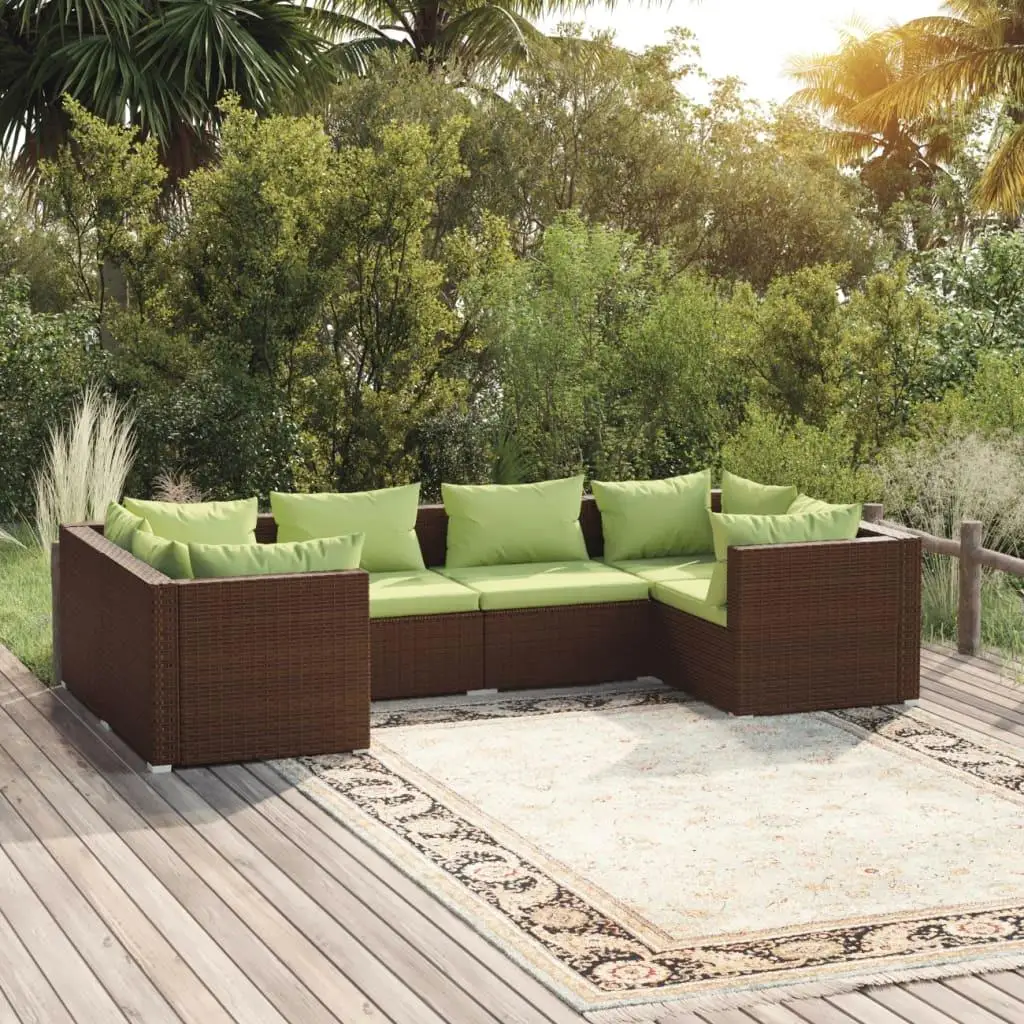 6-Piece Brown Poly Rattan Patio Lounge Set with Cushions – Stylish Outdoor Seating