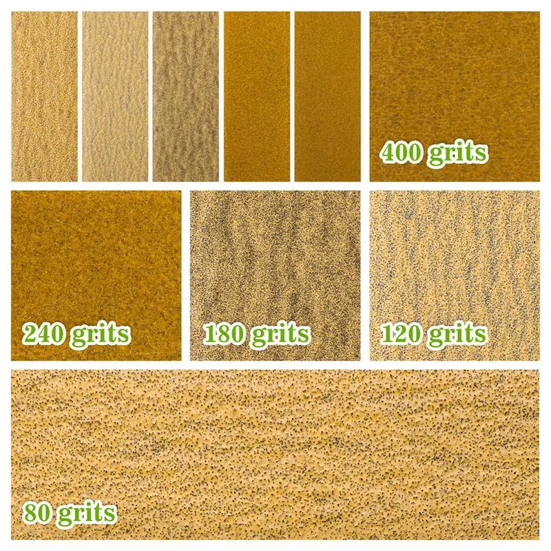 ABVJ-Kit de lijadora tipo micro con papel de lija de 50 piezas, hojas de papel de lija de grano 80 a 400 papel de lija con detalles en seco y húmedo de 3,5 x 1,1 pulgadas