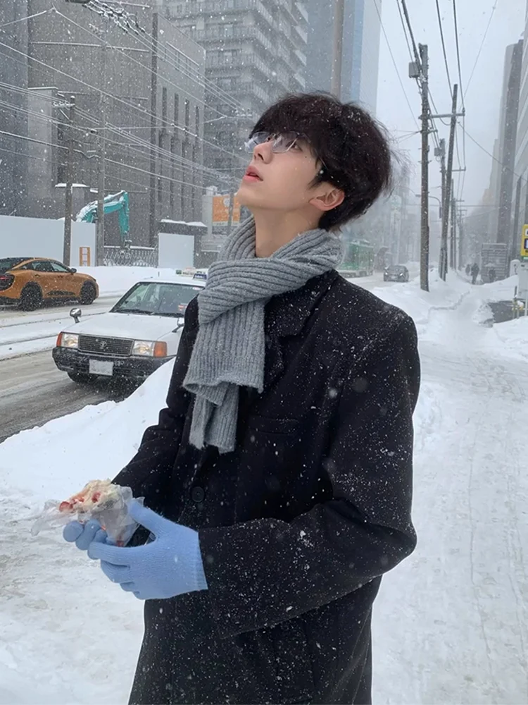 

Корейское утепленное шерстяное мужское пальто с подплечниками, осенне-зимнее, в британском стиле, до колен, ветрозащитная верхняя одежда