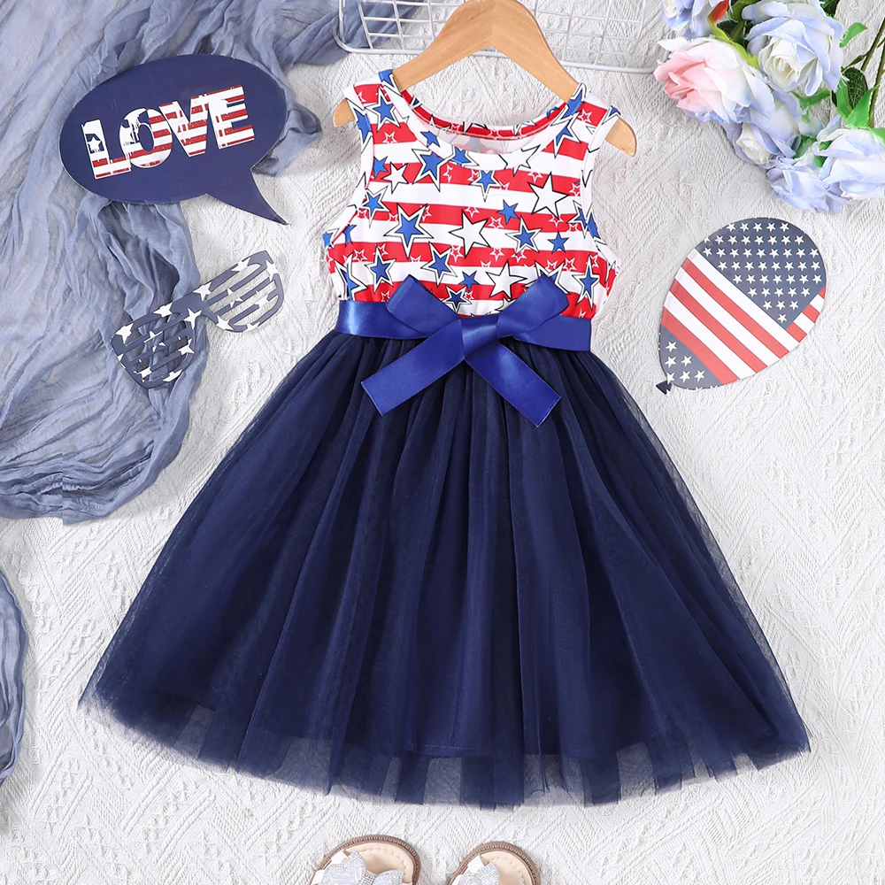 Girls' spring and summer American Independence Day festive patchwork mesh dress sleeveless vest dress