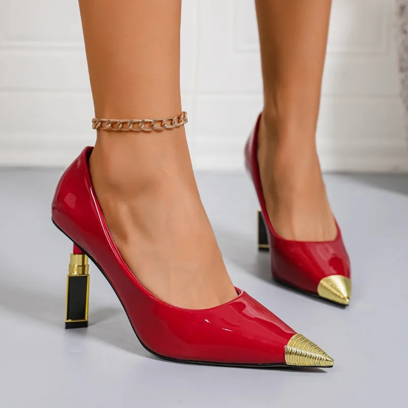 

Женские туфли на одинарном каблуке со специальным каблуком, лето 2023, новые туфли без шнуровки из лакированной кожи с металлическим острым носком на высоком каблуке