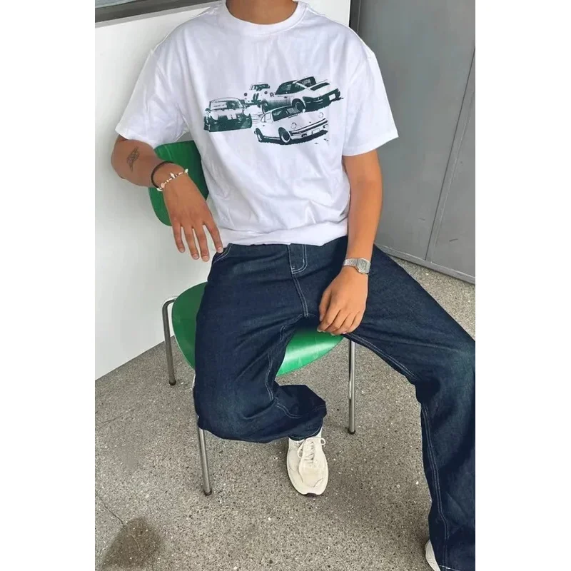 

Уличная винтажная футболка с короткими рукавами и принтом автомобиля, мужская футболка y2k Harajuku, модный топ большого размера, повседневная свободная футболка для пары