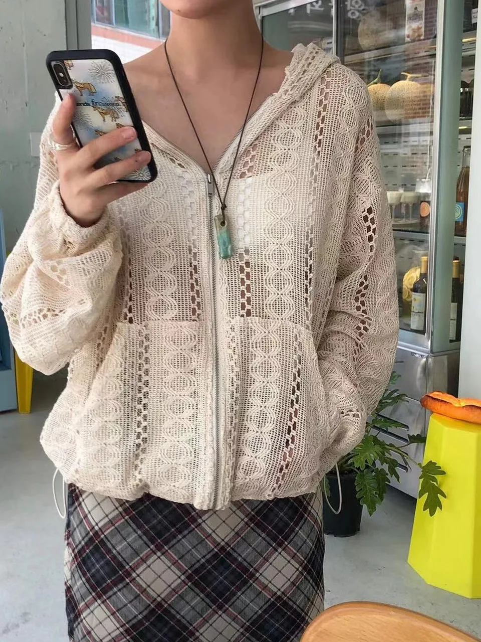 

Retro Knitted Loose Women's Hoodie Jaet Hollow out Design Ele Korean Sle Outerwear Casual Comfortable Top