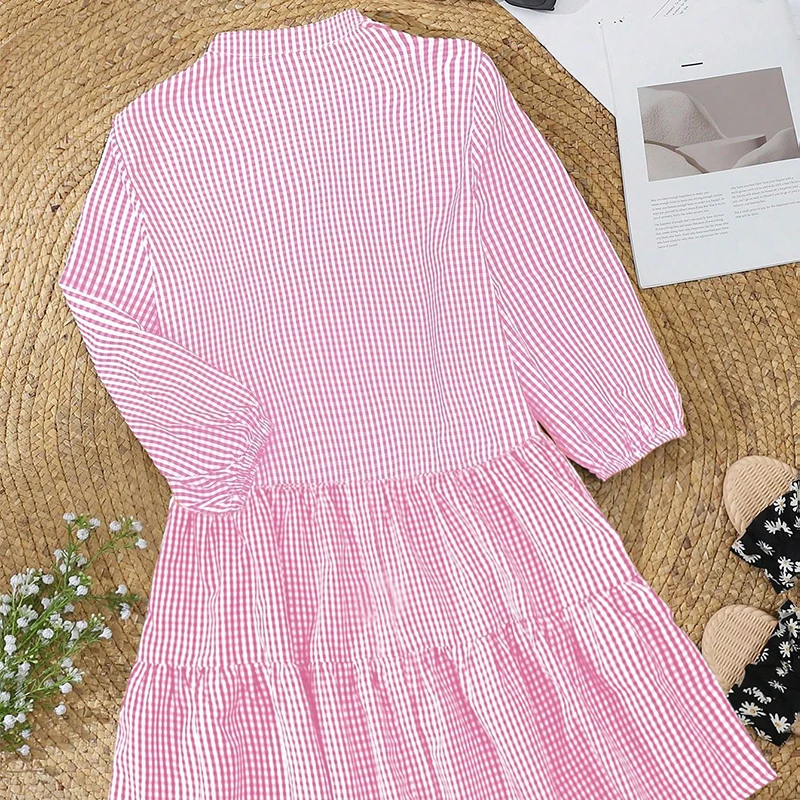 Mini abito da spiaggia estivo da donna elegante Abito estivo scozzese azzurro con bottoni Abiti corti con orlo arricciato per le vacanze casual