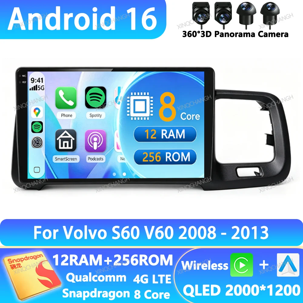 Android 16 Car Radio For Volvo S60 V60 2008 - 2013 Multimedia Video Player Head Unit 4G WIFI Qualcomm Carplay Auto QLED BT 2DIN
