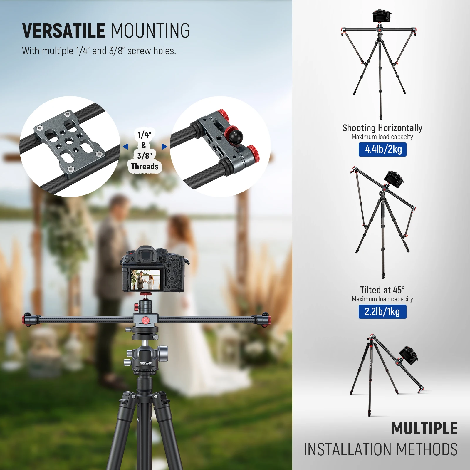 NEEWER 40cm/60cm Carbon Fiber Camera Slider with 360° Ball Head/Phone Clamp/Camera Mount, Dolly Rail Track For GoPro Insta360