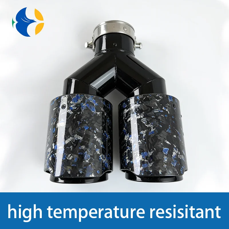 

1 pcs AK Logo Blue Foil Forged Carbon Fiber + Black Stainless Steel Car Dual Exhaust Tip Double End Pipe Modification Muffler