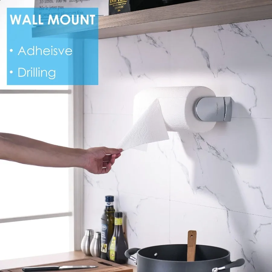 ONE HAND TEAR Paper Towel Holder Under Cabinet Adhesive or Drilling Installation Aluminum Alloy + ABS Pearl Chrome Sier