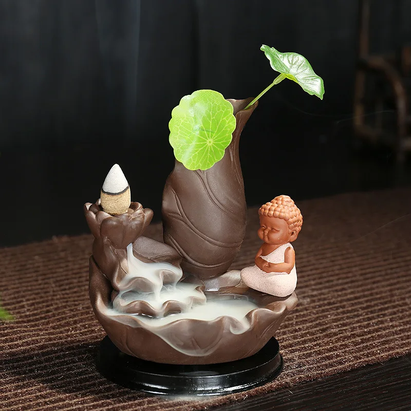 

Backflow Incense Burner Smoke Will Flow Back Lotus Rhythm with Little Monk Flower Arrangement Creative Ornament