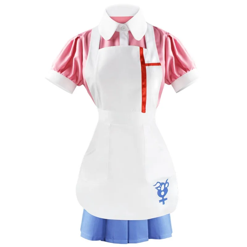 Game Mikan Tsumiki Cosplay Costume Pink Shirt Blue Skirt White Apron Full Set for Women Role Play Outfit Theme Party view 2
