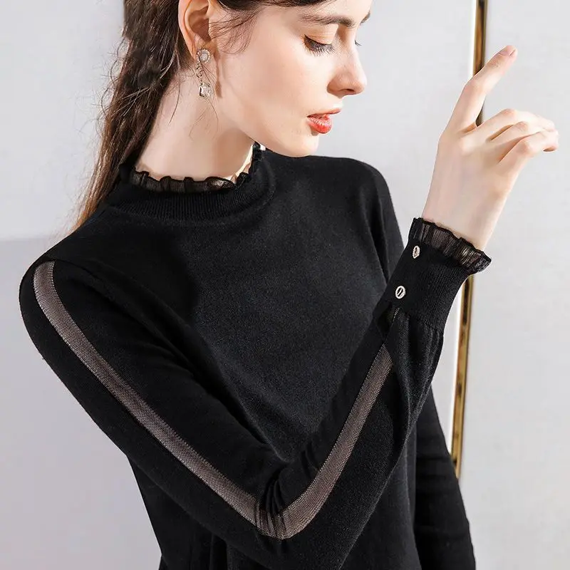 Half Height Collar Knitting Pullovers Ladies Spring Autumn New Interior Lapping Fashionable Ruffles Bottoming Shirt Elegant Tops