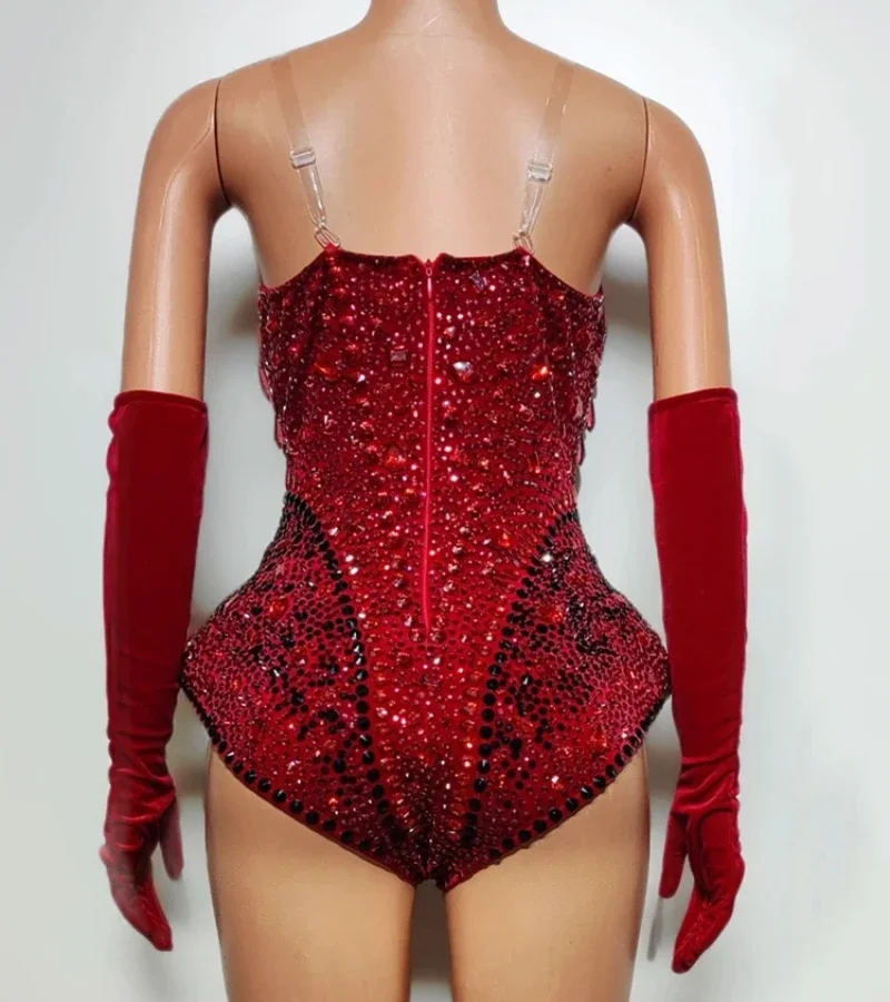 Tanzkostüm, komplett mit Strasssteinen, mehrfarbig, eng anliegender, sexy Jumpsuit mit Handschuhen und Hüten, Bühnen- und Party-Outfit – Detail 5