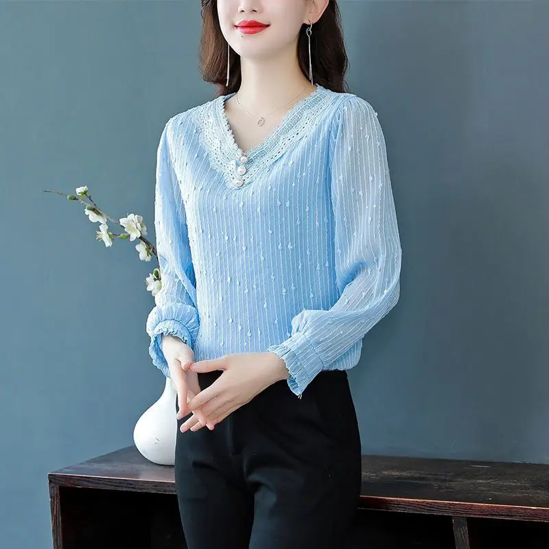 Oversize Commuting Women\'s Clothing Splice Buttons Lace V-neck Long Sleeved Solid Color Temperament Versatile Pullover Shirt