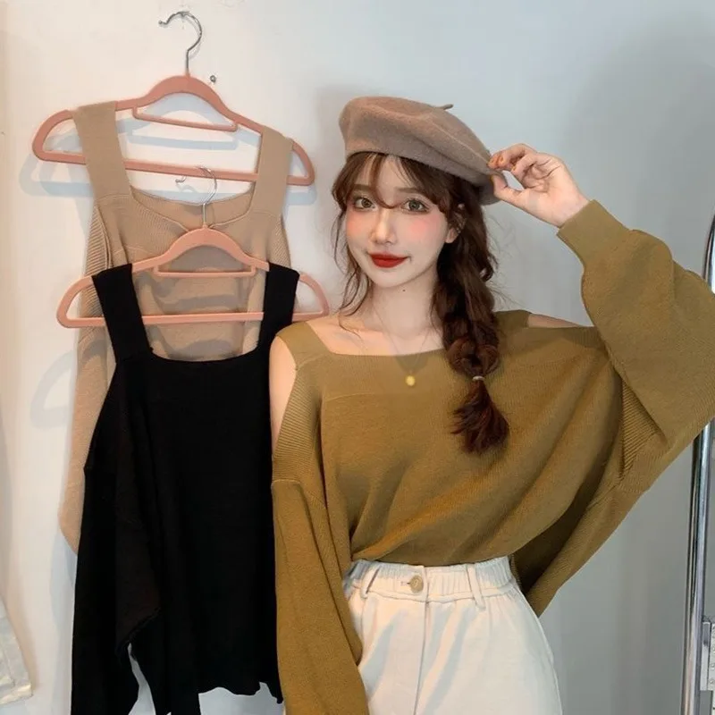 Women Sweater Knitwear Flat Neck Off-The-Shoulder Loose Casual Knitted Thin Versatile Top Solid Color Spring Autumn Street Style