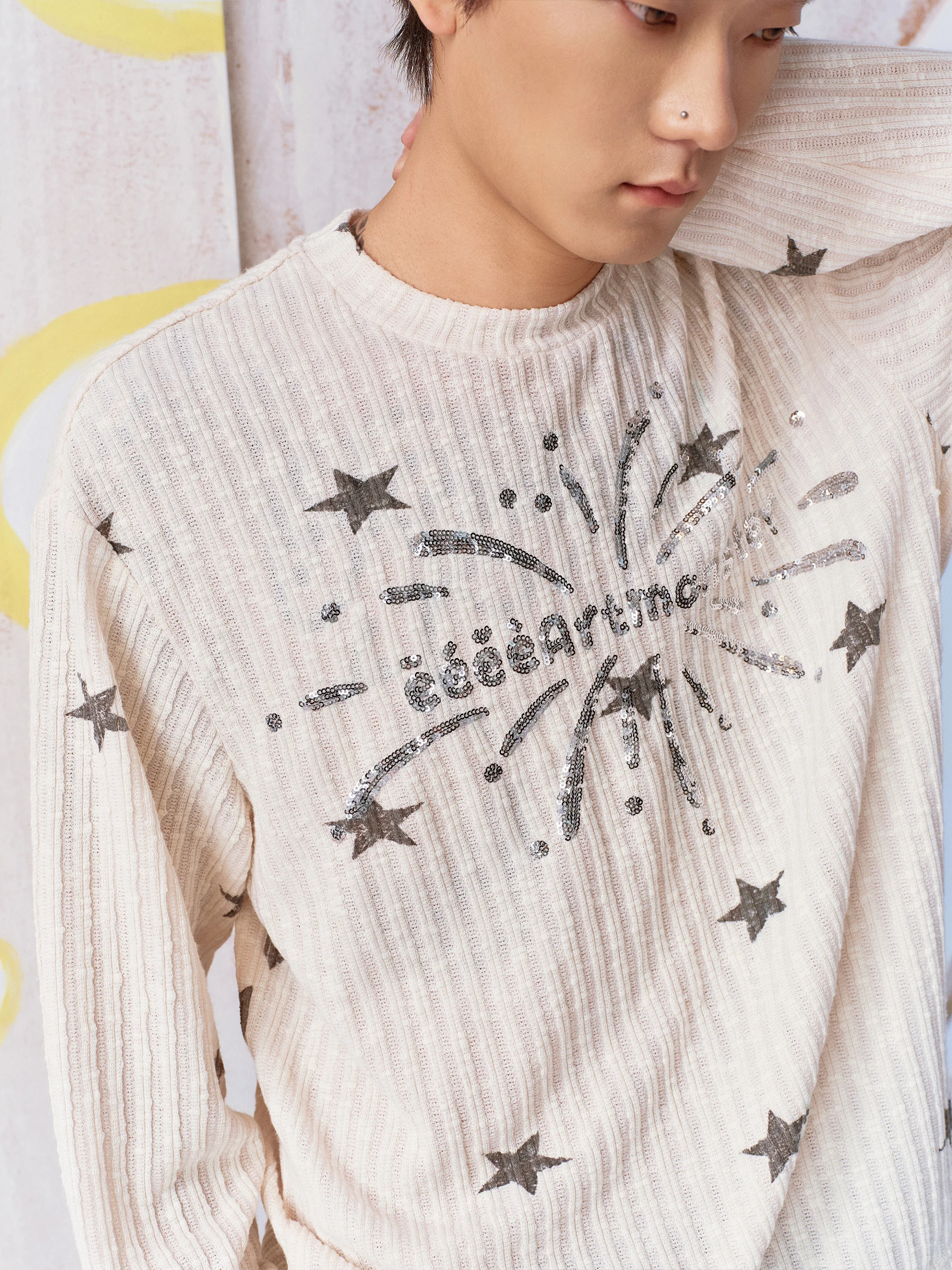 EeeeArtmonster Long Sleeve T-Shirt Sparkling Starburst Bead Texture Vertical Stripes Print Base Shirt Spring Season Unisex