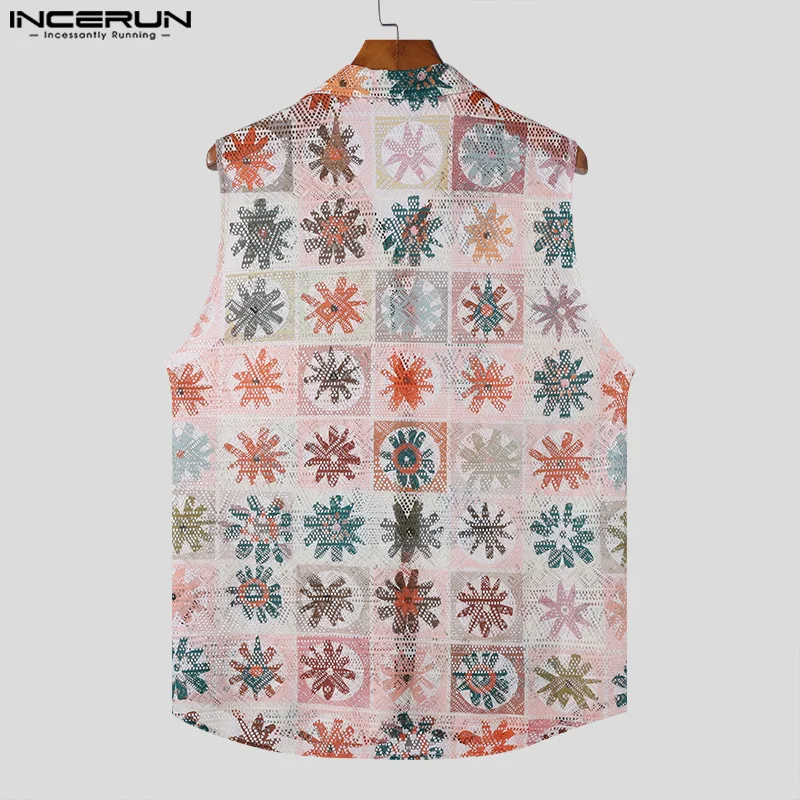 INCERUN Men Shirt Printing Lapel Sleeveless Hollow Out See Through Camisas Streetwear Summer 2024 Fashion Casual Men Clothing