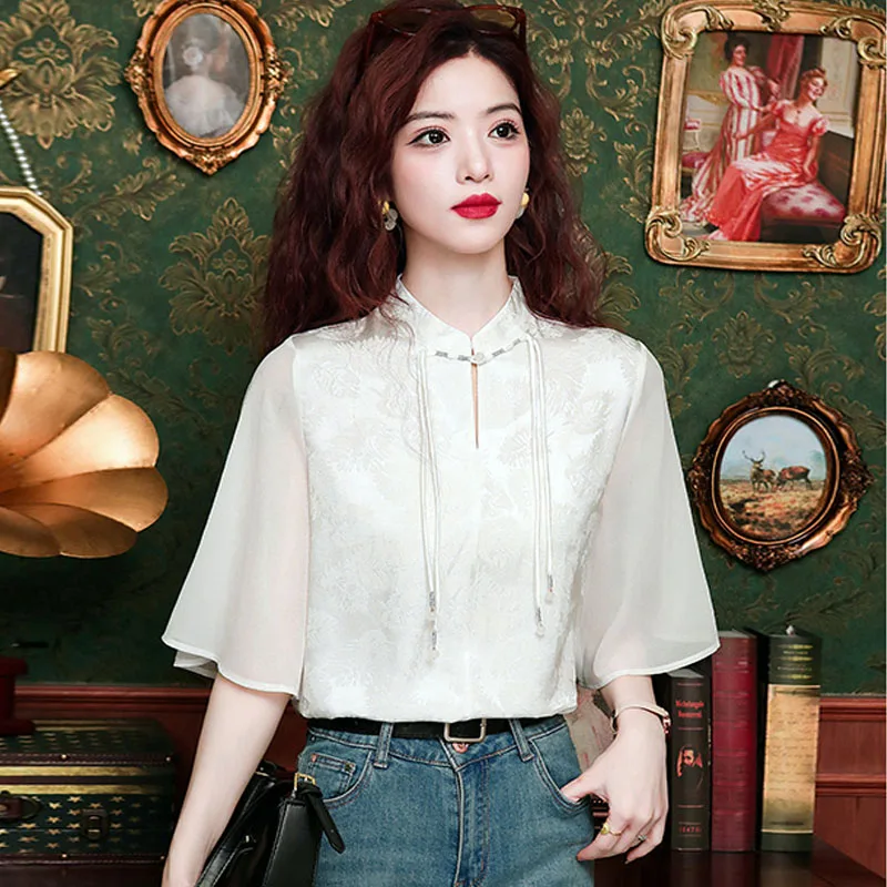 New Fashion Chinese Style White Chiffon Blouse Shirt Women Tops Blusas Mujer De Moda 2024 Verano Short Sleeve Blouse Women H570