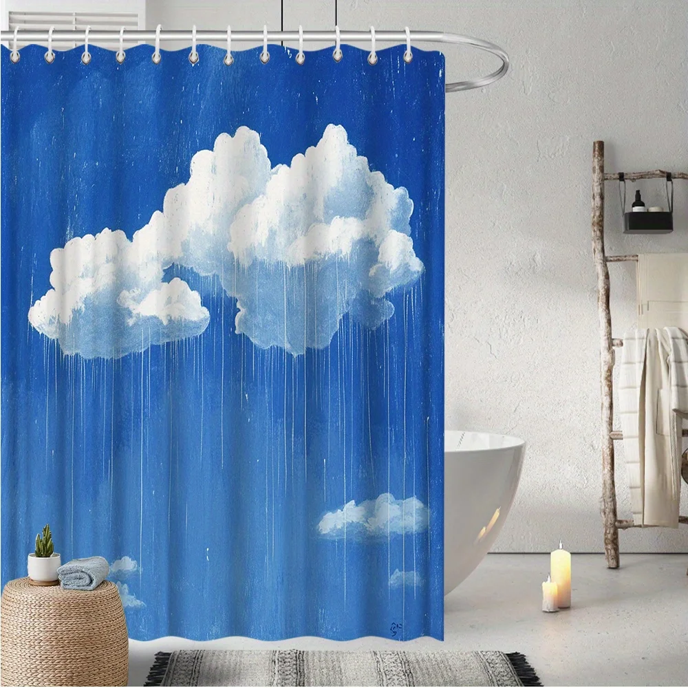 

1pc Sky and Clouds Shower Curtain - Serene Blue Sky with Fluffy White Clouds and Dripping Water Droplets Design, Polyester Fabri