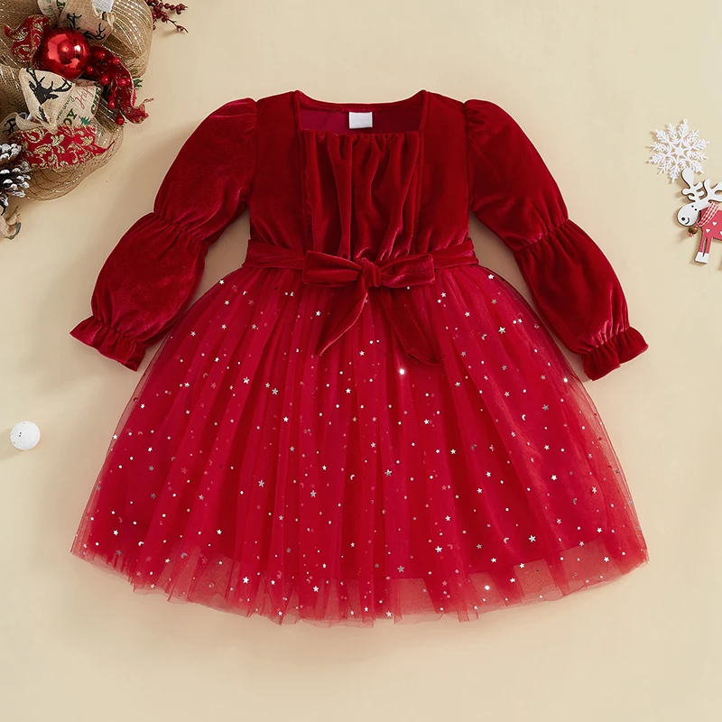 Elegant Baby Girl Tulle Dress with Long Puff Sleeves and Square Neckline Complete with Belt - Perfect for Parties and