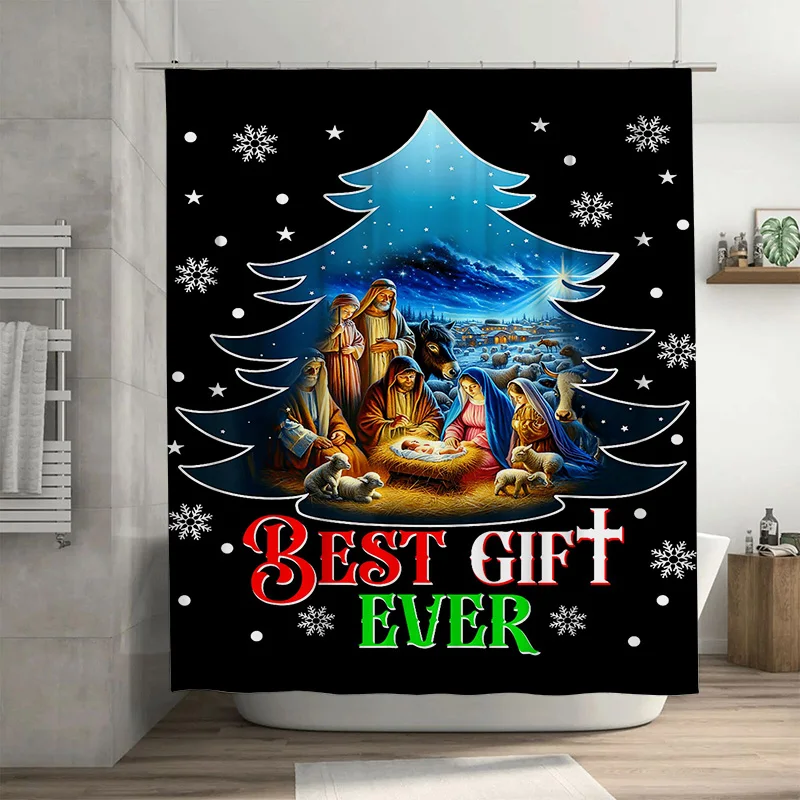 Cortina de ducha navideña religiosa con presépio bajo árbol azul, el mejor texto de regalo para una decoración navideña significativa
