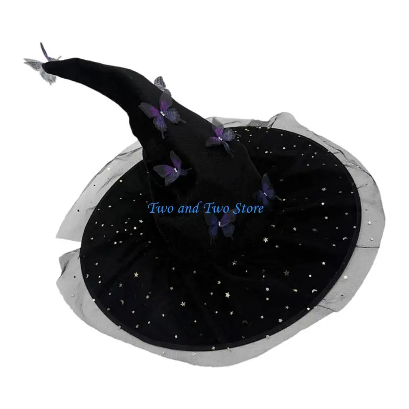 HX6F قبعة الساحرة للهالوين تصميم قرن مطوي مع فراشة مطرزة للبالغين زي أسود أرجواني أزرق
