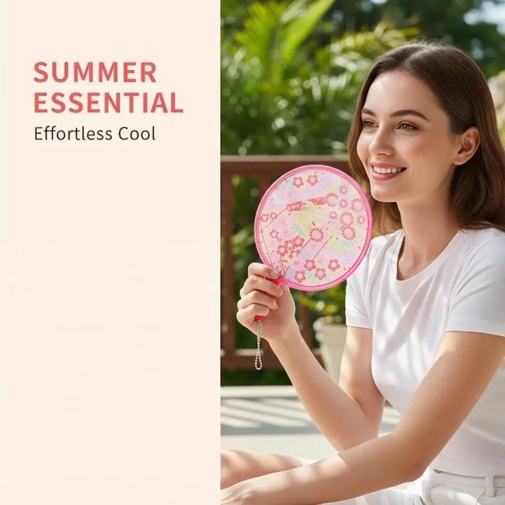New Portable Round Hand Fan Floral Mini Travel Round Fan Retro Handheld Folding Fan Summer Travel