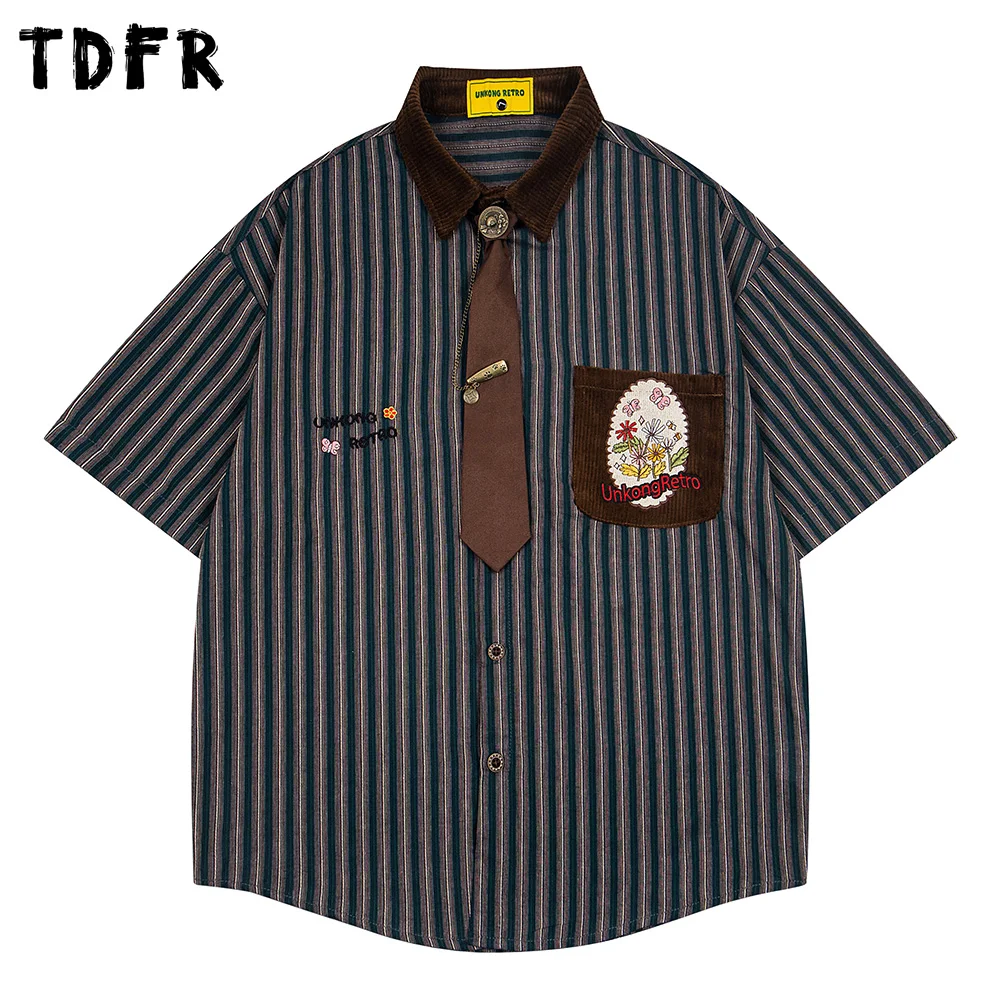 Patchwork Striped Short Sleeve Shirts Mens Summer Pocket Embroidery Retro Casual Loose Lapel Single Breasted Curved Hem Shirts