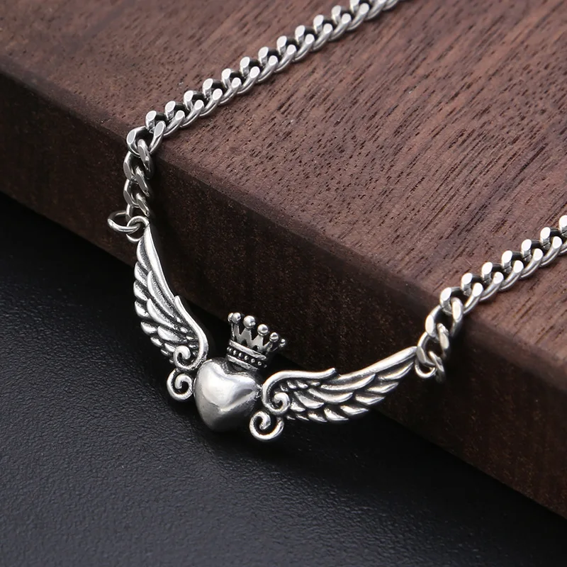 

S925 sterling silver ornament Korean style popular heart wings women's necklace fashion Vintage Thai silver chain