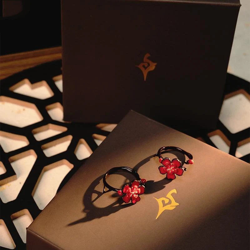 Game Genshin Impact Hutao Cosplay Ring Red Flower Adjustable Opening Rings Jewelry Accessories Gifts