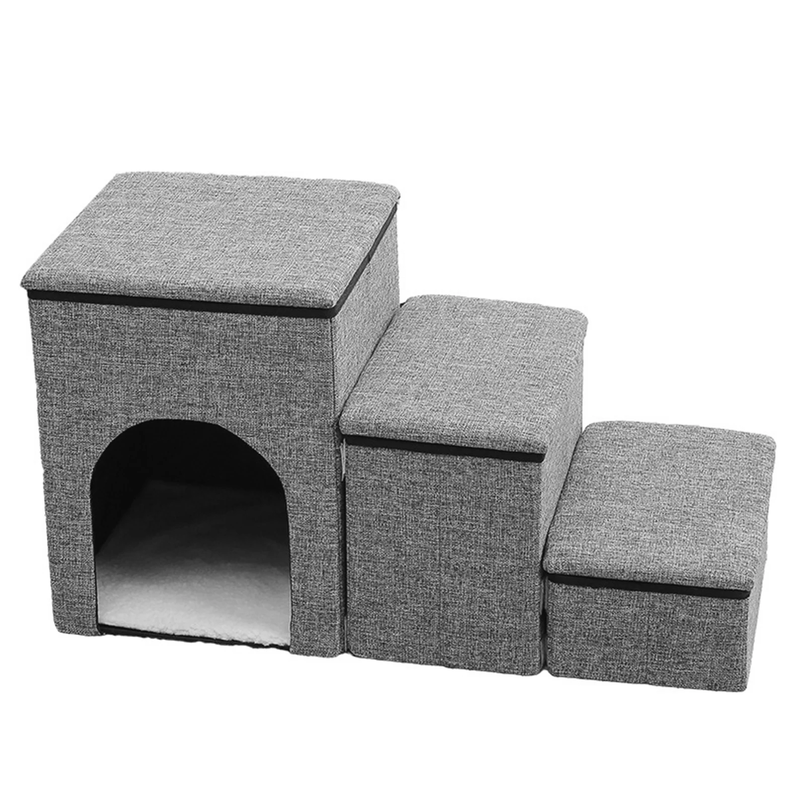 Scale per Animali Domestici Grigie Pieghevoli, Comode e Resistenti, Design Tre-in-Uno, Scale con Contenitore e Cuccia, Scale a 3 Gradini per Animali