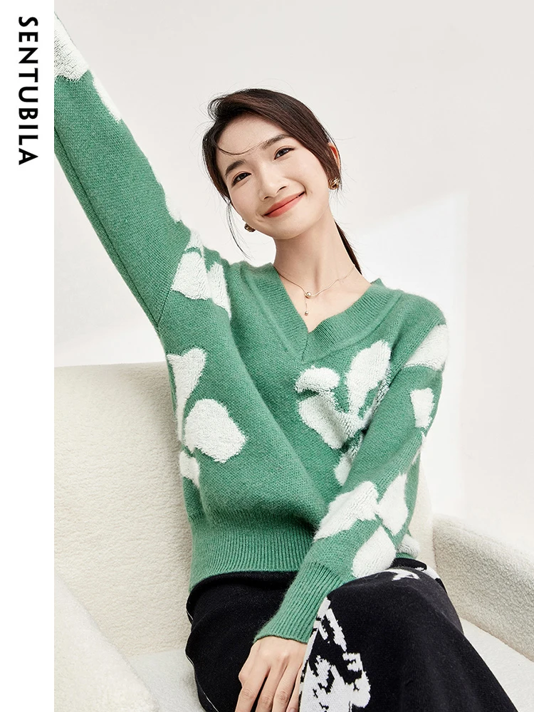 

SENTUBILA Contrast Jacquard Autumn Sweater for Women 2024 Fall Fashion V Neck Knitwears Long Drop Sleeve Loose Pullovers Jumpers