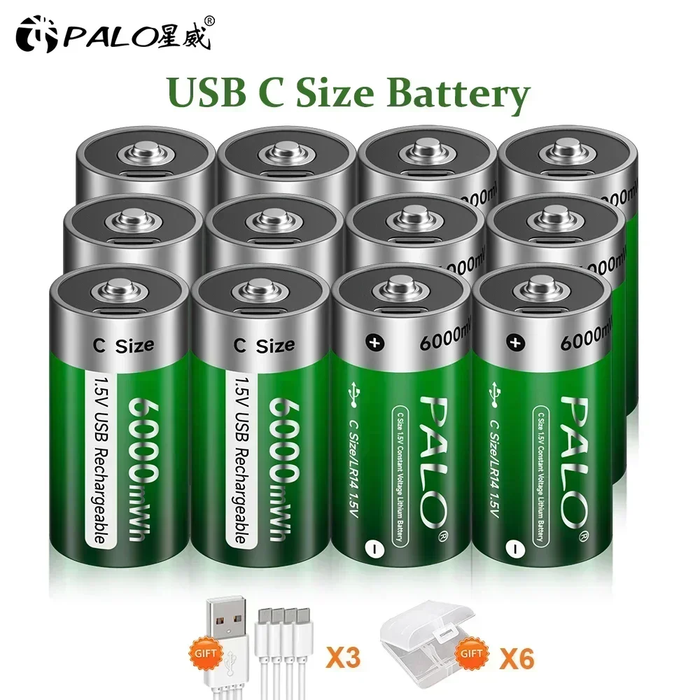 Palo 1.5V Lithium Rechargeable Battery R14 LR14 USB Charging  C Size Li-ion Battery For Water Heater Gas Stove Radio Shaver