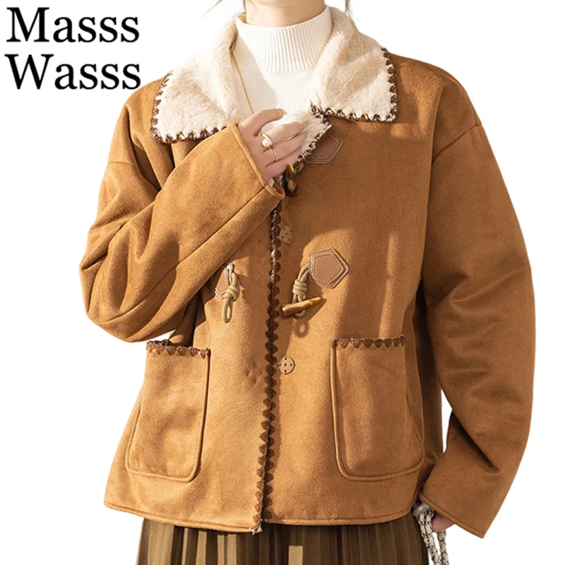 

Mass Wasss 2025, британские зимние женские модные замшевые меховые куртки, свободные повседневные теплые пальто, женская роскошная повседневная винтажная верхняя одежда