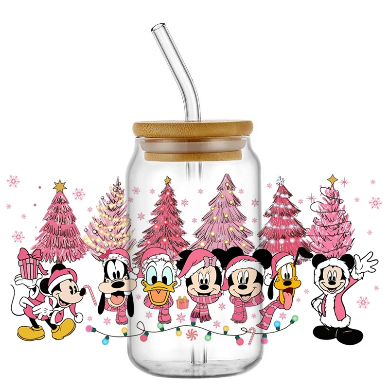 Miniso Pink Christmas 3D UV DTF Cup Wrap for 16oz Libbey DIY Cartoon Mikey Mouse Washable Mug Cup Transfers Sticker