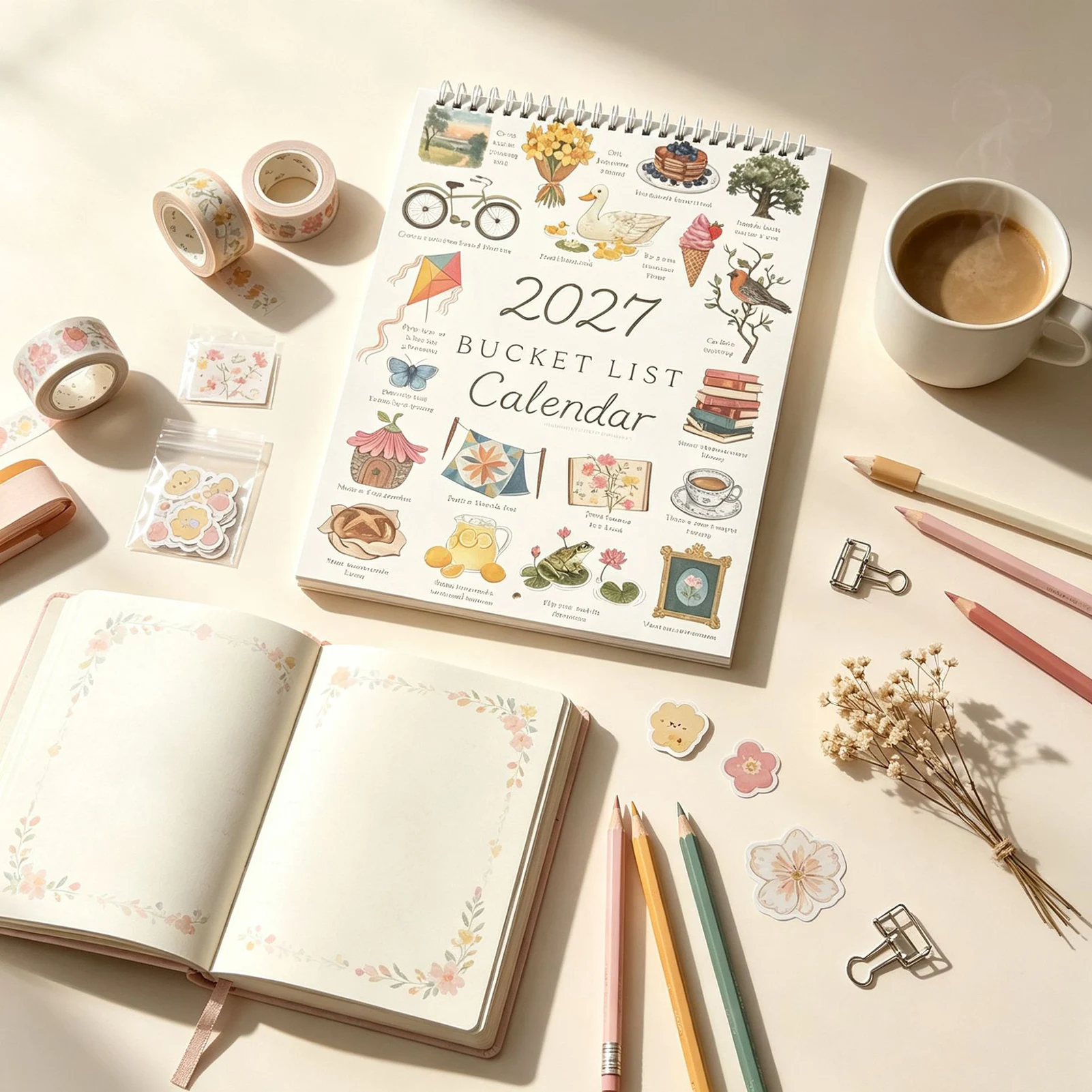 Student Desk Calendar 2027 Annual Goal Planner Retro Watercolor Coil Binding Organizer for Office Home Study Planning Gift