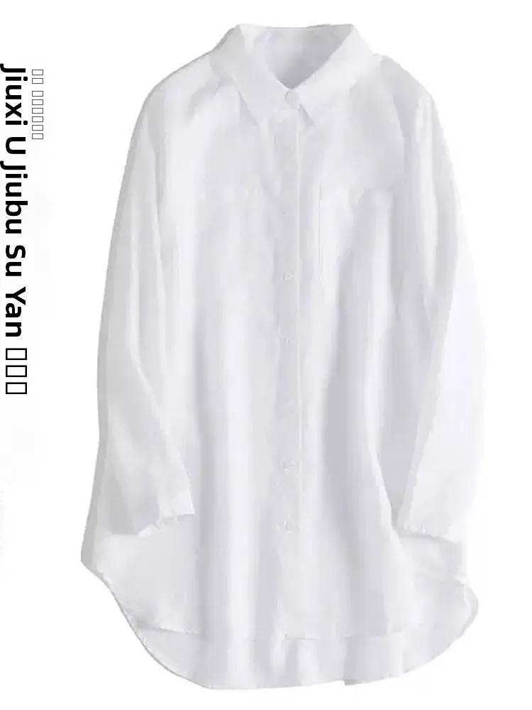 

Повседневная льняная хлопковая куртка-рубашка женская свободного кроя, универсальная, осенняя, с длинным рукавом, воротником, двойными карманами, средней длины, верхняя одежда