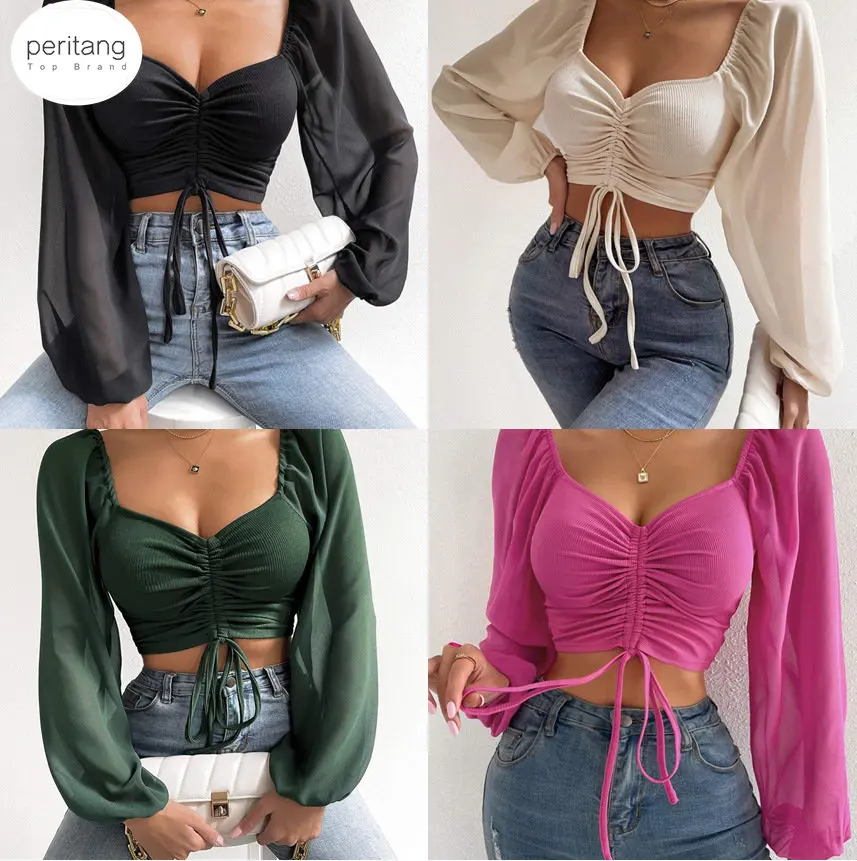 Chiffon Drawstring Crop Top Women Spring Summer Lantern Sleeve V-Neck Fashion Blouses Hight Street Skinny Sexy Shirt Y2K Clothes