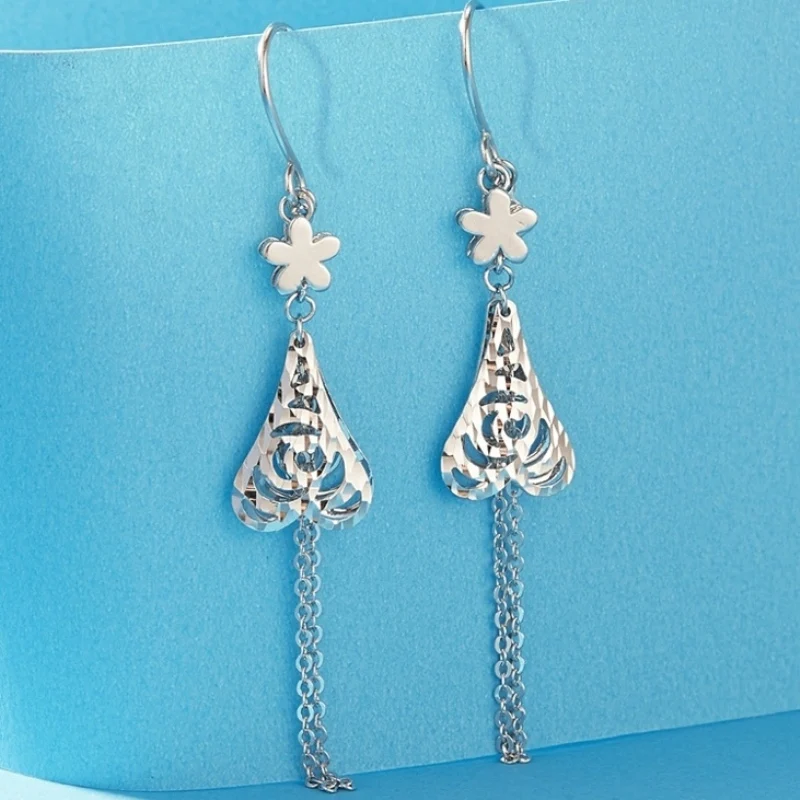 

PT950 Pure Platinum 950 Women Gift Lucky Flower Hollow Triangle Chain Tassel Dangle Earrings 3.61g