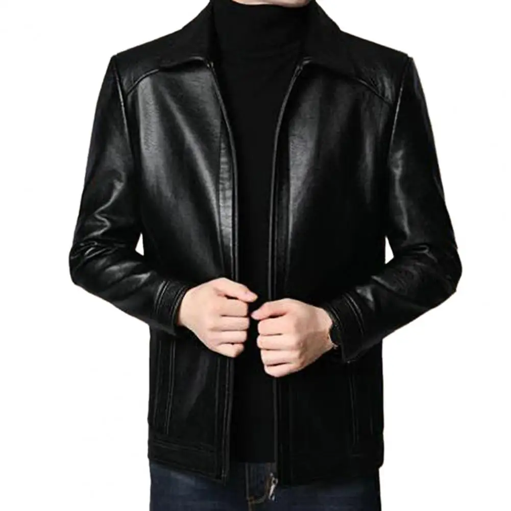 Faux Leather Jacket Stylish Men's Faux Leather Motorcycle Jacket with Stand Collar Thick Warmth Windproof Design for Cool Autumn