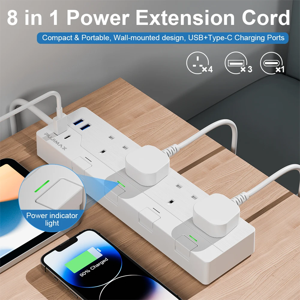 PUJIMAX Power Strip Electric Socket UK 3250W With 3USB 1TypeC Overload Protection Extension Cable 1.5M Electrical Sockets