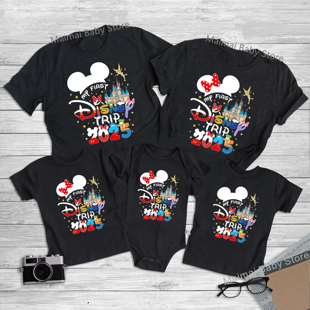 

Funny My First Disney Trip 2025 Family Matching Outfits Father Mother Kids Matching Tshirt Look Disneyland Vacation Shirts