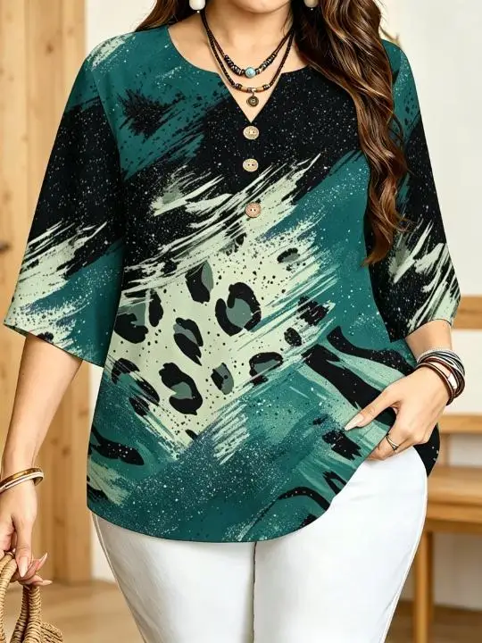 Women 3/4 Sleeve V‑Neck Blouse Button Decor Abstract Brush Stroke Leopard Print Casual Ladies Tops