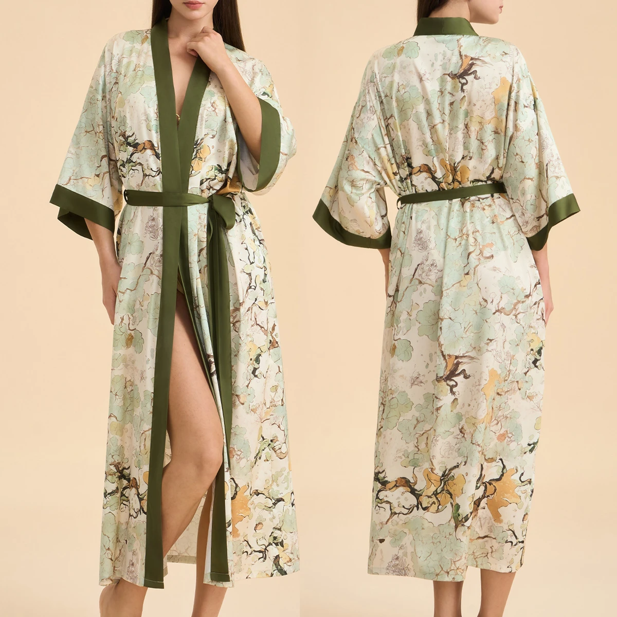 

Women's Flower Print Long Bathrobe Sexy Silky Satin Wedding Robe Kimono Dressing Gown Sleepwear Loose Home Dress Nightgown