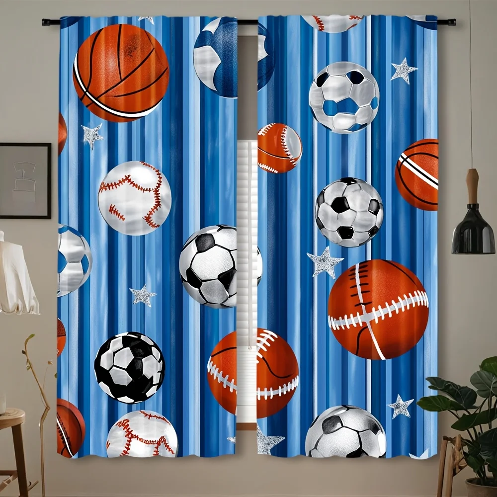 Professional Sports Curtains Football Soccer Basketball Pattern Window Curtains Blue Background Athletic Man Cave Room Decor